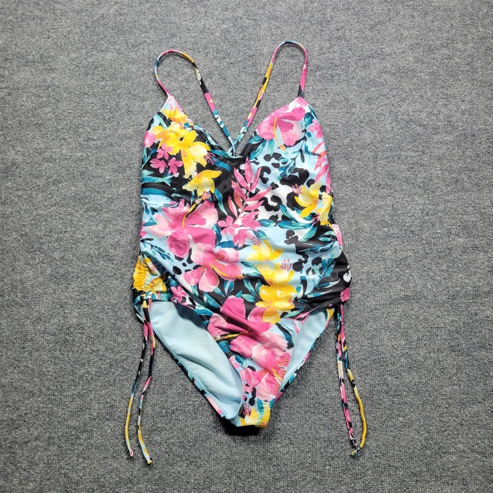 BCBG Paris One Piece Swimsuit Women L Floral Ruched Crisscross Back Swimwear‎